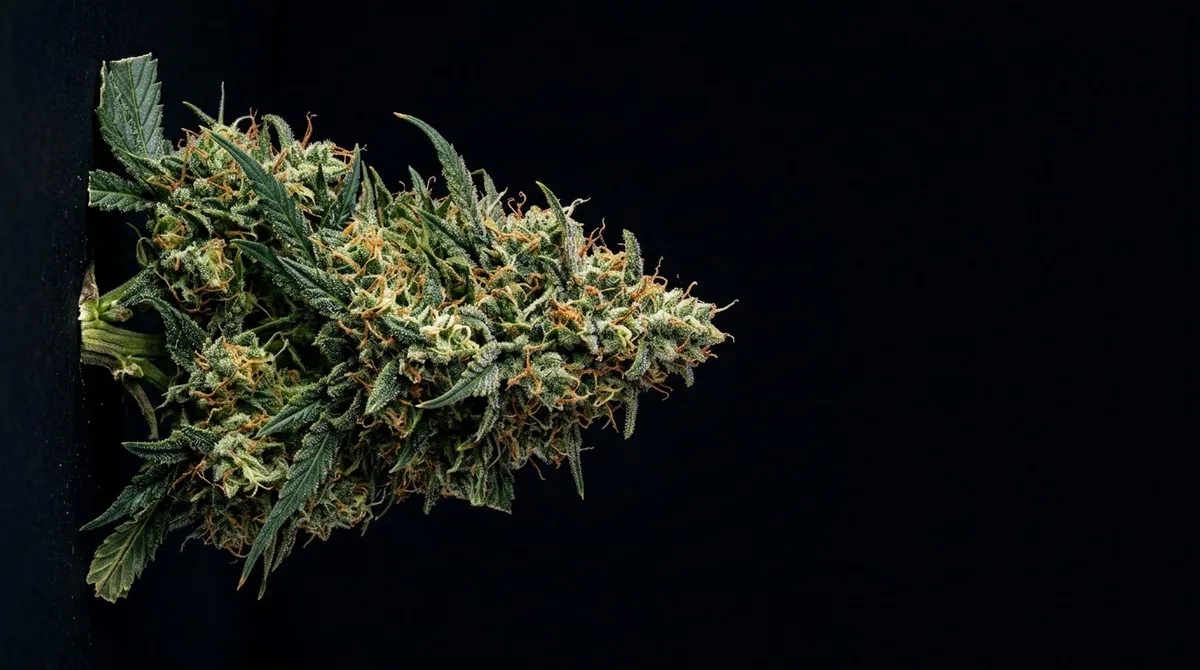 Große Cannabisblüte links angeschnitten vor Schwarz